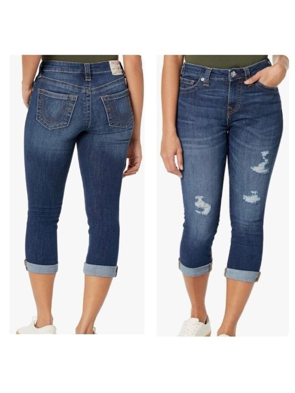 NWT True Religion HALLE Dark Wash Capri Crop Destroy Distressed Jeans size 25